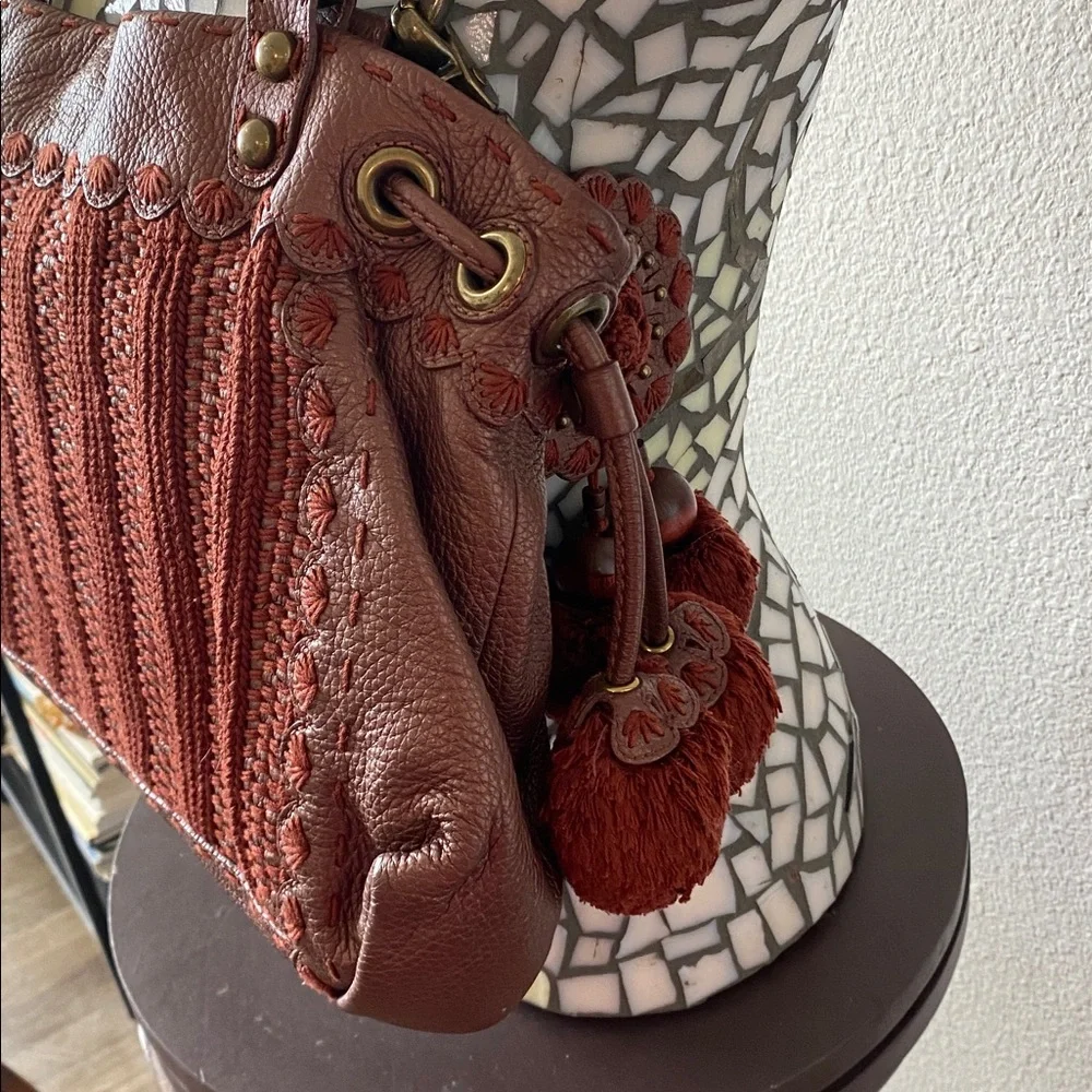 Isabella Fiori Large Shimmery Rust Leather/Knit Pom Tassel Satchel/Hobo Bag - Picture 8 of 11